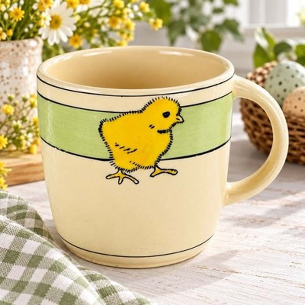 Vintage Roseville Pottery Yellow Baby Chick Mug Green Band Easter 3.5"